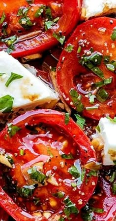 tomatoes, cheese and herbs are on top of bread