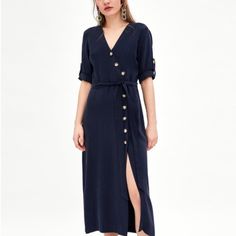 {Zara} Nwt Trf Button Front Midi Length Dress Xs Navy Blue 3/4 Sleeves Tie Waist Super Soft 89% Viscose, 11% Polyester. Sz Xs Armpit To Armpit-Approx 17” Waist-Approx 13” Across (26” Total) Length-Approx 48” Blue V-neck Maxi Dress With Buttons, Blue V-neck Midi Dress With Buttons, Summer V-neck Dress With Button Cuffs, Blue Summer Dress With Button Cuffs, Blue Midi Dress With Button Closure, V-neck Maxi Dress With Button Closure For Work, Blue V-neck Maxi Dress With Button Closure, Zara Short Sleeve Button Dress, Zara V-neck Dress With Button Closure