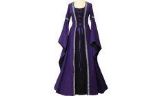 Medieval garb Anna Purple/Black The Dornbluth dressmaker's shop sells this beautiful dress with gold trim, wide sleeves and double lacing as a one-off item. There are 18 sizes to choose from. In this expressive robe we combined purple and black fabric with an elegant silver border. This is 2.5 cm wide and runs from the shoulder of the dress down to the hem - on the upper arm it is reminiscent of a traditional bracelet. The hem has a circumference of 3.20 m. There are lacings in the front and bac Black Medieval Style Fancy Dress, Black Elven Medieval Dress For Festivals, Black Elven Medieval Dress For Costume Party, Black Elven Medieval Dress For Medieval Festivals, Black Medieval Dress For Fancy Dress, Black Long Sleeve Medieval Dress For Fantasy Events, Black Long Sleeve Medieval Dress, Black Elven Costume Dress, Elvish Long Sleeve Medieval Dress For Costume Party