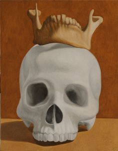 a painting of a skull with a crown on it's head, against a brown background