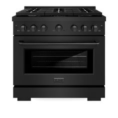 a black stove top oven with four burners on the front and one door open