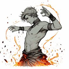 a drawing of a shirtless man with his hands in the air and fire behind him