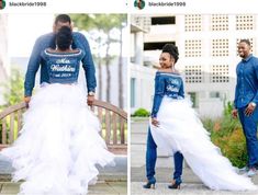 two photos of a man and woman dressed in wedding attire, one is wearing a tulle skirt