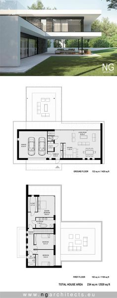 the floor plan for a modern house with two levels and an open living room, dining area