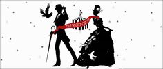 the silhouettes of two people are dressed in costumes and holding a red ribbon that says the night circus