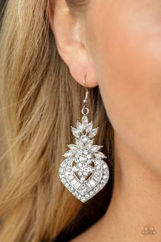 Royal Hustle - White Earrings August Life of the Party Exclusive, Paparazzi Accessories, Bling by JessieK Party Earrings, Fish Hook Earrings, White Rhinestone, Jewelry Images, Bling Bling, White Earrings, Paparazzi Accessories, Paparazzi Jewelry, Trendy Jewelry