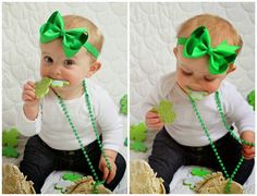 two pictures of a baby wearing green bows and beads