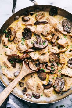 a skillet filled with chicken and mushrooms