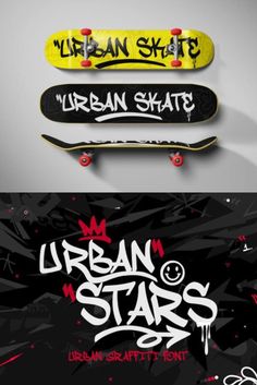 three skateboards with graffiti on them and the words urban stars written in different languages