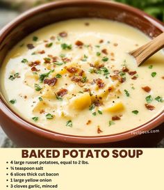 a bowl of baked potato soup with a wooden spoon in it and the recipe below