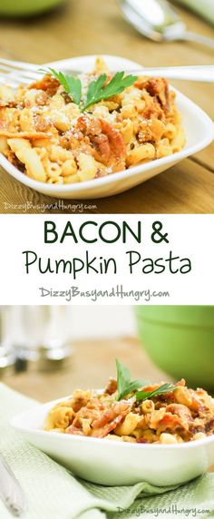 bacon and pumpkin pasta on a white plate