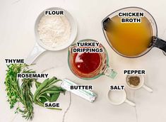 ingredients to make chicken broth on a white counter top with text describing the ingredients