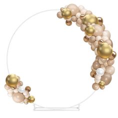 the balloon arch is decorated with gold, white and pink balloons on a clear acrylic stand