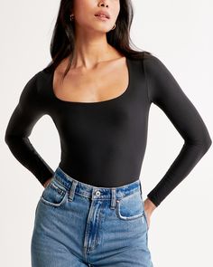 Women's Soft Matte Seamless Long-Sleeve Squareneck Bodysuit | Women's Tops | Abercrombie.com Brown Bodysuit, Corset Bodysuit, Floral Bodysuit, Square Neck Bodysuit, American Clothing, Mesh Long Sleeve, One Piece For Women, Black Rib, Sheer Sleeves