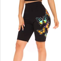 Brand New! Butterfly Print Located On The Left Elastic Band Waist Black Spring Bottoms Above Knee, Black Stretch Shorts For Summer, Stretch Black Shorts For Summer, Black Above Knee Bottoms For Spring, Black Above-knee Bottoms For Spring, Black Above-knee Spring Bottoms, Black Stretch Biker Shorts For Summer, Trendy Black Shorts For Workout, Fitted Black Shorts For Spring