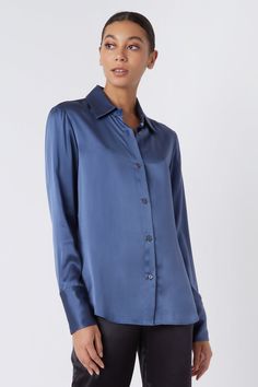 Kal Rieman Classic Tailored Blouse in Dusty Blue Silk on Model Looking Right Cropped Front View Collar Construction, Trouser Dress, Sleeve Placket, Christmas Party Outfit, Winter Capsule Wardrobe, Slim Trousers, Street Style Winter, Cold Weather Outfits, Tried And True