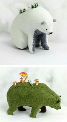 two pictures of stuffed animals one is a polar bear and the other is a hedgehog