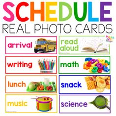 These Daily Schedule Cards with real life pictures help keep your day organized. The cards work as a visual schedule for students who need extra support during routines or transitions. There are 88 ready to print cards and clocks, plus fully editable cards to create custom pieces.CLICK ON THE GREEN ... Schedule Cards For Classroom, Visual Schedule Preschool, Kindergarten Classroom Setup, Daily Schedule Cards, Colorful Classroom, Classroom Schedule, Preschool Schedule, Rainbow Classroom