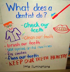 a white board with writing on it that says, what does a dentist do?