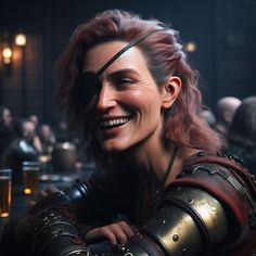 a woman with red hair wearing armor and smiling