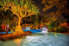 an outdoor swimming pool with waterfall and palm trees at night in the background, lit up by lights