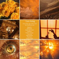 a collage of pictures with yellow roses and the words leo rising above them is an eye