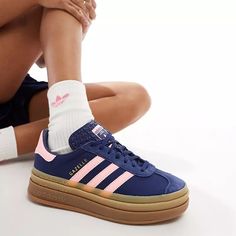 Conformation Shoes, Pink And Navy Gazelle Outfit, Pink And Navy Adidas Gazelle, Cute Gazelles, Pink And Blue Adidas Gazelle, Gazzeleadidas Shoes, Gazelle Bold Shoes, Lv Boots, Adidas Gazelle Bold