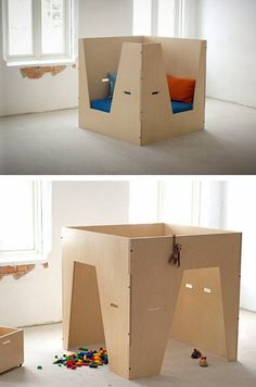 two pictures of an open cardboard box with toys in it and the bottom photo is empty