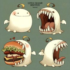 four cartoon monsters with their mouths open and eating hamburgers in the shape of monster heads