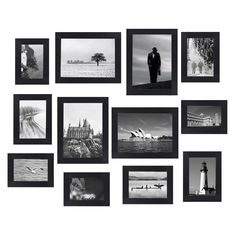 many black and white pictures are hanging on the wall with one person standing in front of them