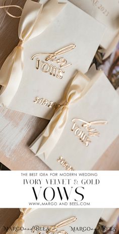 wedding cards with gold foil on them and ribbon tied around the envelopes that say ivory velvet & gold vows