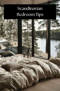 Tranquil and elegant Scandinavian bedroom achieved through a focus on practicality and minimalism2 Natural Wood Accents, Linen Bedding Natural