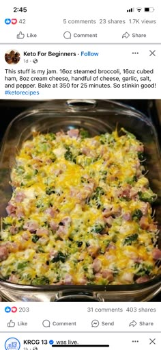 a casserole dish with ham, cheese and broccoli in it on instagram