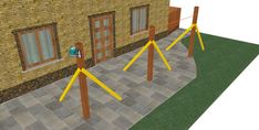 an animated rendering of a building with yellow poles