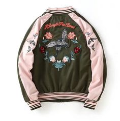 Embroidery Jacket, Harajuku Fashion Street, Flying Bird, Bird Embroidery, Embroidered Collars, Baseball Jacket, Striped Fabrics, Harajuku Fashion, Aesthetic Outfits