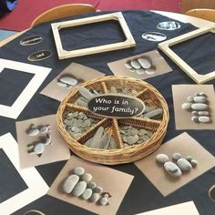 a table topped with lots of pictures and rocks on it's sides, including a wicker basket that says who is in your family?