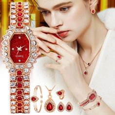 KW Women's Fine Fashion Premium Quality Luxury Style 4PCS Jewelry Watch Gift Set Red Watches, Rhinestone Watches, Watch Set, Medic Alert Bracelets, Bracelet Watches Women, Box Sets, Jewelry Watch, Crystal Jewelry Sets, Lucky Bracelet