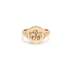 14k gold round signet ring with an engraved monogram in the center SPECIFICS • available with any 3 letters• please note all engraving will be done in UPPERCASE letters for this piece• when entering the 3 letters you want enter it from left to right as seem below "CRJ", middle letter will be letter in the center ***Need a size not listed? Please email direct@zoechicco.com to submit your request, and we'll do our best to accommodate. We recommend you visit your local jeweler to get a professional Round Signet Ring, Jewelry 2024, Zoe Chicco, 3 Letter, Uppercase Letters, Ring Sizer, Ring Size Guide, 14kt Gold, Signet Ring