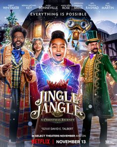 a poster for the movie,'jingle jungle christmas journey'with two men in costume