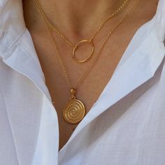 A nice 14k gold-filled necklace with an eye-catching Ancient Greek Spiral Pendant hanging on a shinny 14k gold filled chain combined with an elegant circle of life necklace. A dainty everyday set that brings good luck and protects the person that is wearing it. A nice gift for her Length approx. 16 inches - 18 inches ♥ All items will be delivered in a nice gift envelope to minimize shipping expenses for you! You may choose gift wrapping at checkout if you wish! If you need it sooner, select expe Minimalist Gold Spiral Jewelry, Spiral Yellow Gold Necklace For Gift, Gold Spiral Necklace As A Gift, Gold Spiral Necklace For Gifts, Gold Spiral Necklace For Gift, Spiral Brass Necklace For Gift, Gold Coin Jewelry, Coin Jewellery, Spiral Pendant