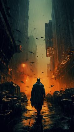 the dark knight rises movie poster with batman walking in the rain at night on city street