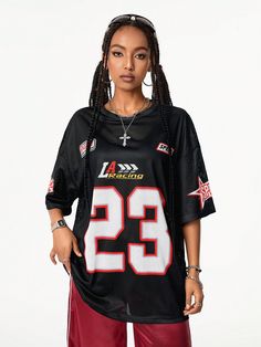 Women's Streetwear Sports Blockcore Number Printed Mesh Jersey T-Shirt,Couple Same Style Black Casual  Half Sleeve Knitted Fabric Geometric,Letter  Medium Stretch  Women Clothing, size features are:Bust: ,Length: ,Sleeve Length: Mesh Jersey, Baddie Tips, Skater Jeans, Couple Tshirts, Slim Fit Top, Style Streetwear, Streetwear Women, Mens Denim, Jersey T Shirt