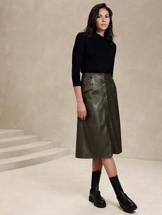 Vegan Leather Midi Skirt | Banana Republic Factory Hunter Green Leather Skirt, A Line Leather Skirt Outfit, Green Leather Skirt Outfit, Midi Leather Skirt Outfit, Outfit With Leather Skirt, Leather Midi Skirt Outfit, Midi Leather Skirt, Green Leather Skirt, Vegan Leather Midi Skirt