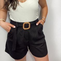 Black High Waisted Woven Shorts With Front Pleats, Side Pockets, And Carved Buckle Belt. New With Tags Chic Shorts With Belt Loops For The Beach, Chic Vacation Bottoms With Belt, Chic Belted Bottoms For Vacation, Chic Belted Vacation Bottoms, Black High-waisted Belted Shorts, Black Belted High-waisted Shorts, Black Belted Bottoms Short Length, Black Belted Short-length Bottoms, Chic Black Belted Shorts