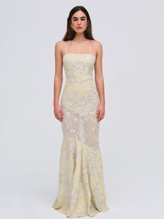 Jacqueline Maxi Dress — Yellow Spring Gown With Sheer And Fitted Bodice, Spring Evening Gown With Floral Embroidery, Spring Organza Maxi Dress With Fitted Bodice, Sheer Bodice Organza Maxi Dress, Spring Prom Maxi Dress With Floral Embroidery, Spring Silk Gala Gown, Spring Gala Silk Gown, Spring Floral Embroidered Maxi Dress For Prom, Spring Floral Embroidered Fitted Gown