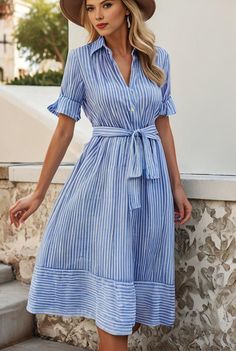 fashion striped temperament midi dress 104316 Non-stretch Short Sleeve Midi Dress For Summer, Elegant Striped Belted Dress, Cotton Midi Dress For Spring, Striped Belted Dress For Spring, Striped Belted Dress For Summer, Belted Striped Summer Dress, Striped Belted Summer Dress, Spring Striped Belted Dress, Chic Striped Belted Dress