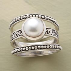 BOUNDARIES PEARL RING SET -- In this button pearl ring set, sterling silver beaded guard bands border a setting for a cultured button pearl. Set of 3 rings. Whole and half sizes 5 to 9. Stack Rings, Pearl Rings, Sundance Catalog, Robert Redford, Stacking Ring Set, I Love Jewelry, Underworld, Stacking Ring, Pretty Jewellery