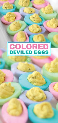 colorful deviled eggs are sitting on plates with the words colored deviled eggs above them