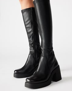 BERKLEIGH Black Knee High Boot | Women's Platform Boots – Steve Madden Long Black Boots, Steve Madden Boots, Gogo Boots, Black Knee High Boots, Platform Block Heels, Poses References, Knee Boot, Leather Socks, Black Knees