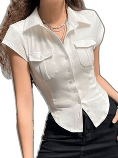 Trendy Fitted Button-up Shirt, Solid Stretch Button-up Tops, Slim Fit Tops With Button Closure For Summer, Summer Slim Fit Buttoned Tops, Summer Slim Fit Tops With Button Closure, Trendy Short Sleeve Crop Top, Stretch Summer Shirt With Button Closure, Summer Stretch Shirt With Buttons, Y2k Style Solid Color Short Sleeve Crop Top